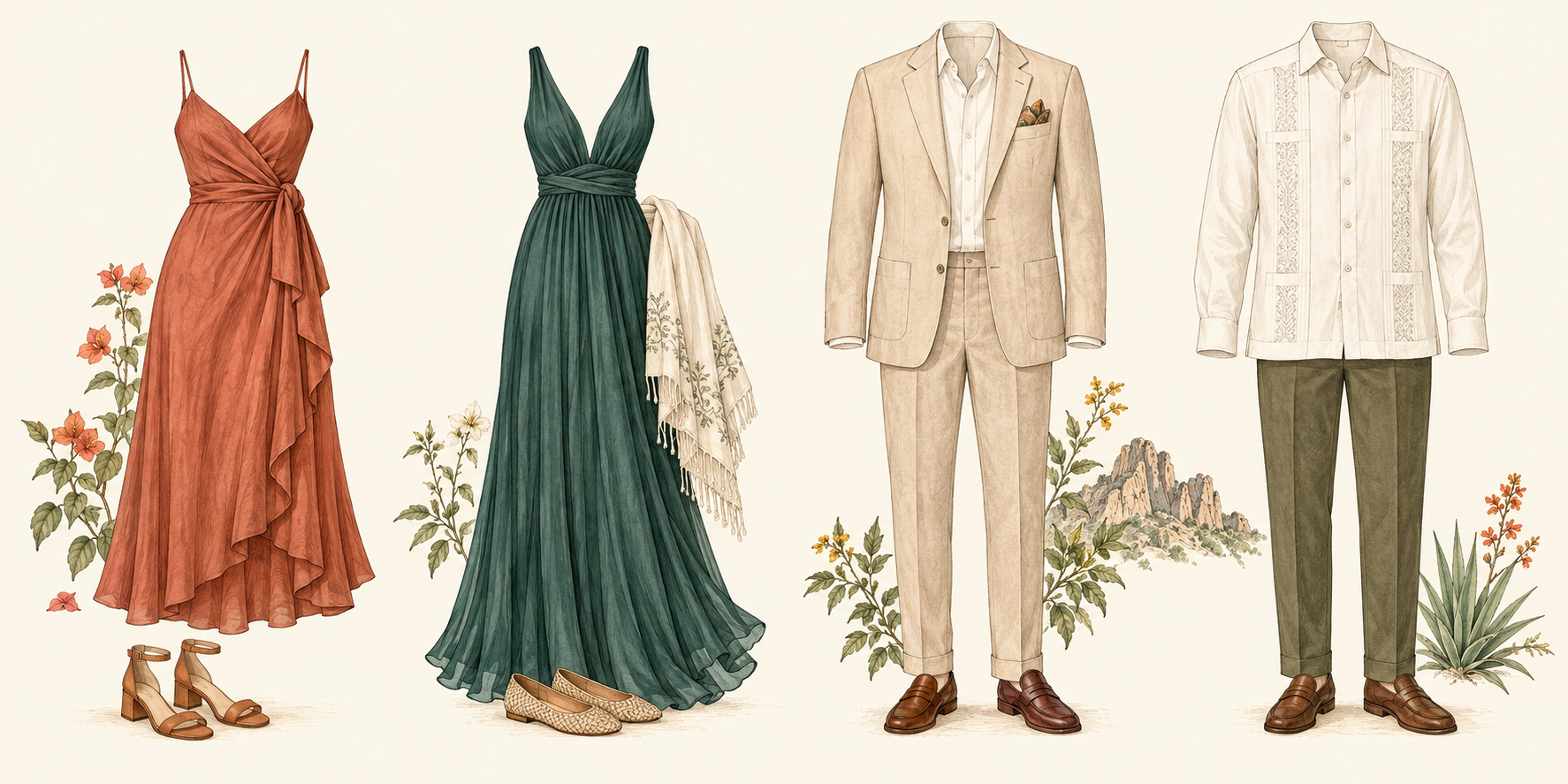 Ejemplos ilustrados: vestido midi, vestido largo, traje y guayabera de manga larga con pantalón de vestir